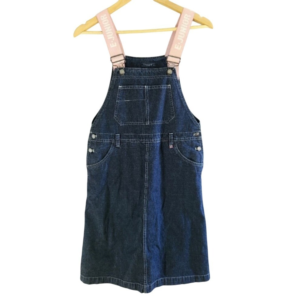 E.land Junior Indigo Denim & Pastel‎ Pink Skirtall Pinafore Dress Girls Large